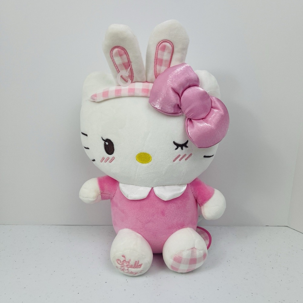 Hello‎ Kitty Pink Plaid Bunny Headband Bow Tutu Blushing Winking Plush 9"